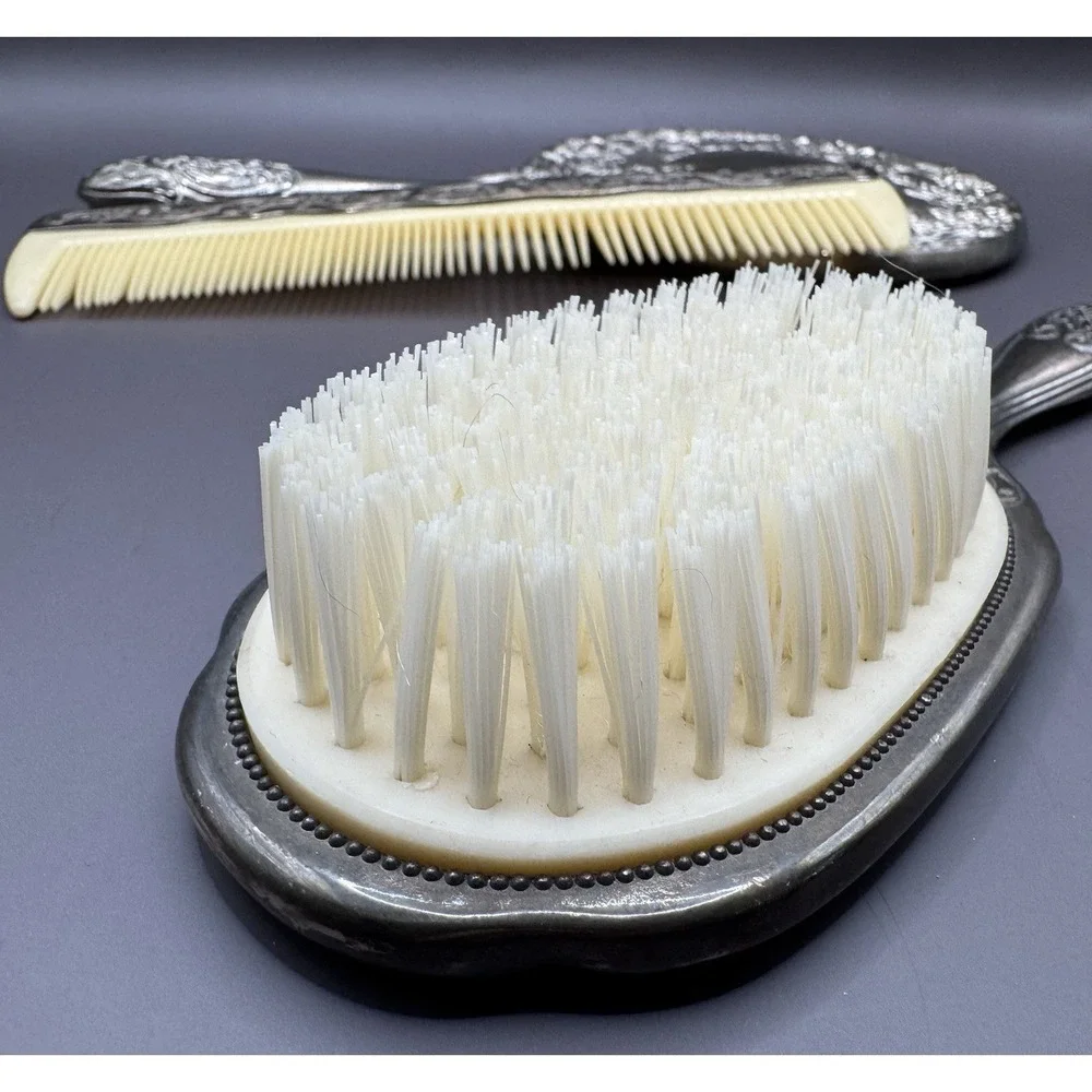 Vintage 3 Piece Silver Plated Vanity Set Ornate Heavy Hand Mirror Comb & Brush